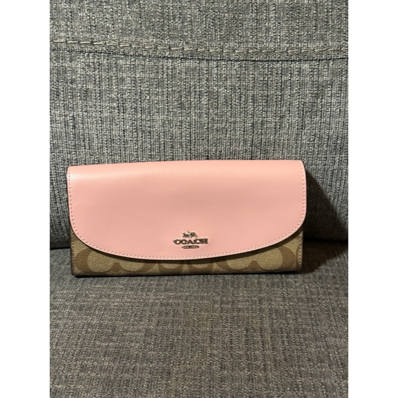 Coach Signature PVC Slim Envelope Wallet Petal Pink & Khaki Canvas - Picture 1 of 6
